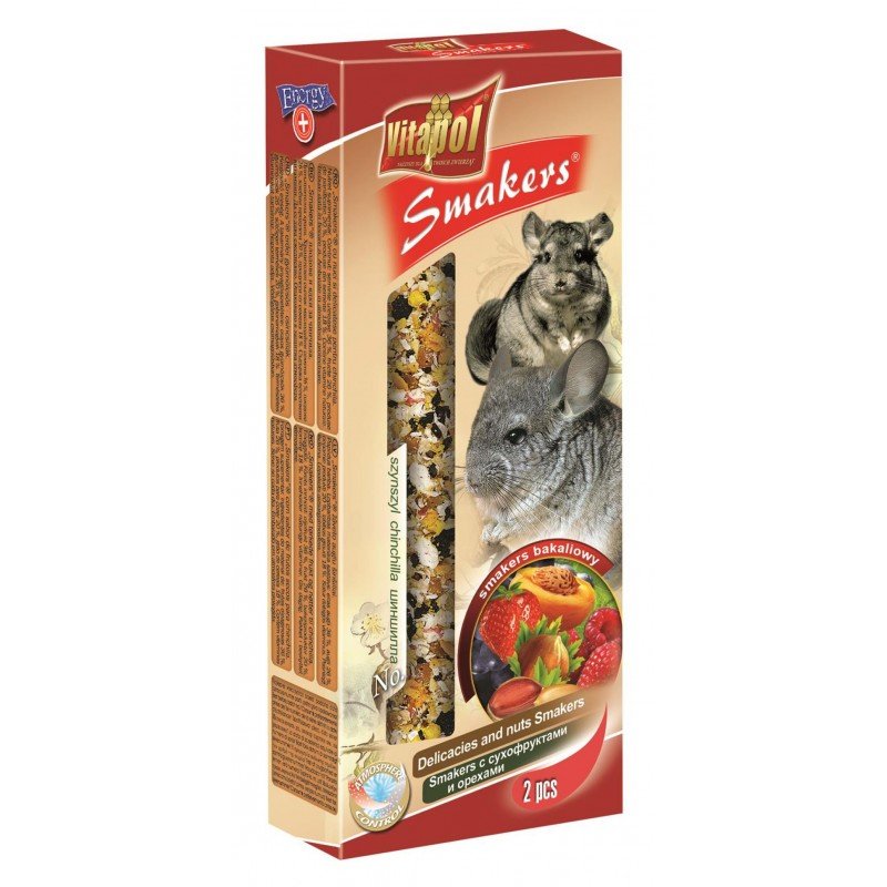 VITAPOL SMAKERS SU DŽIOVINTAIS VAISIAIS IR RIEŠUTAIS SKANĖSTAS ŠINŠILOMS 90G (2 VNT)