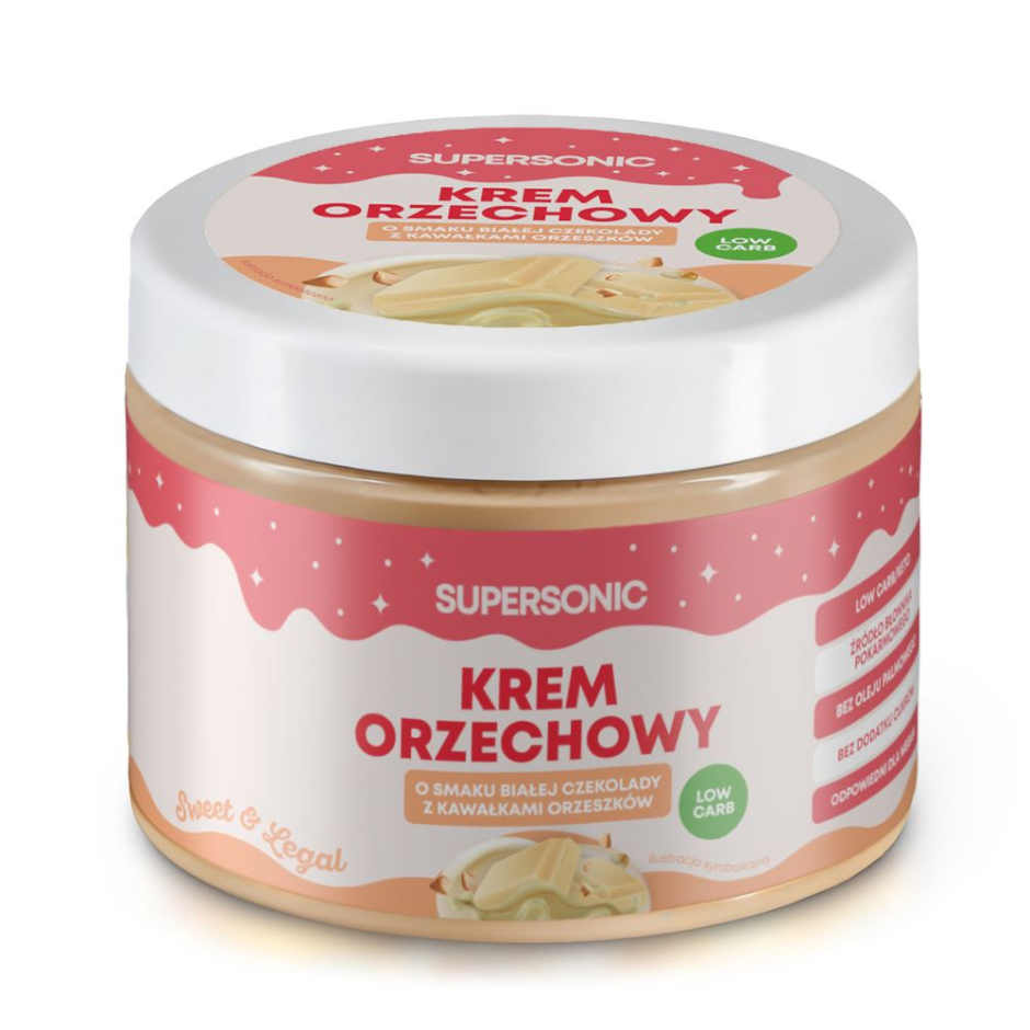 Žemės riešutų kremas su baltojo šokolado skoniu ir žemės riešutų gabalėliais, be pridėtinio cukraus | SUPERSONIC (250 g)