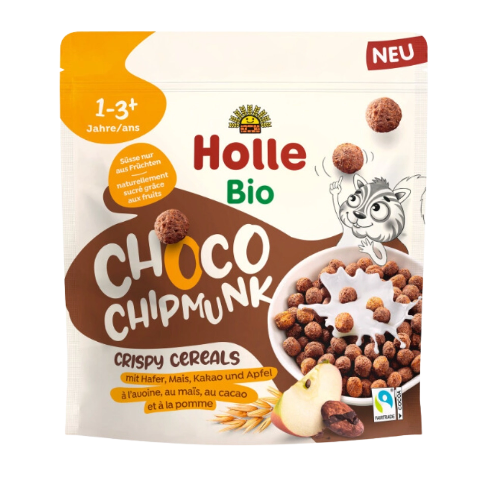 Ekologiški CHOCO CHIPMUNK traškūs obuolių-kakavos skonio sausi pusryčiai| Holle (125 g)