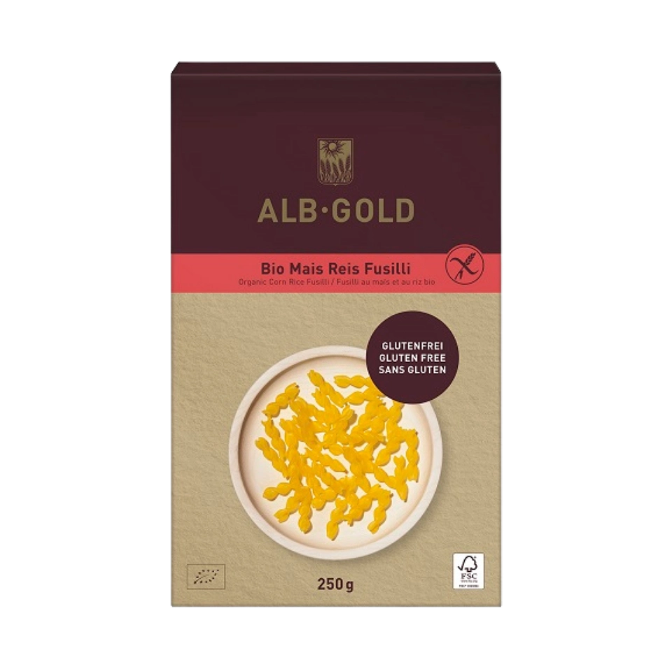 Ekologiški kukurūzų - ryžių makaronai FUSILLI, be gliuteno | Alb Gold (250 g)