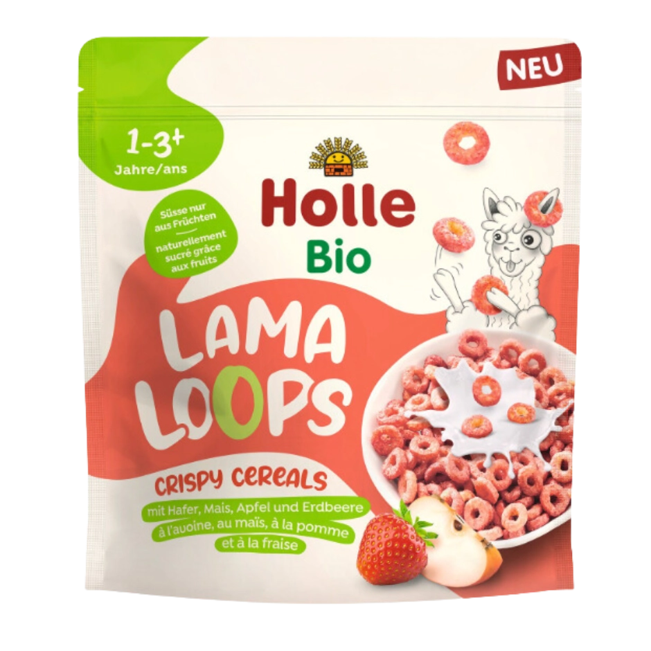 Ekologiški LAMA LOOPS traškūs obuolių-braškių skonio sausi pusryčiai| Holle (125 g)