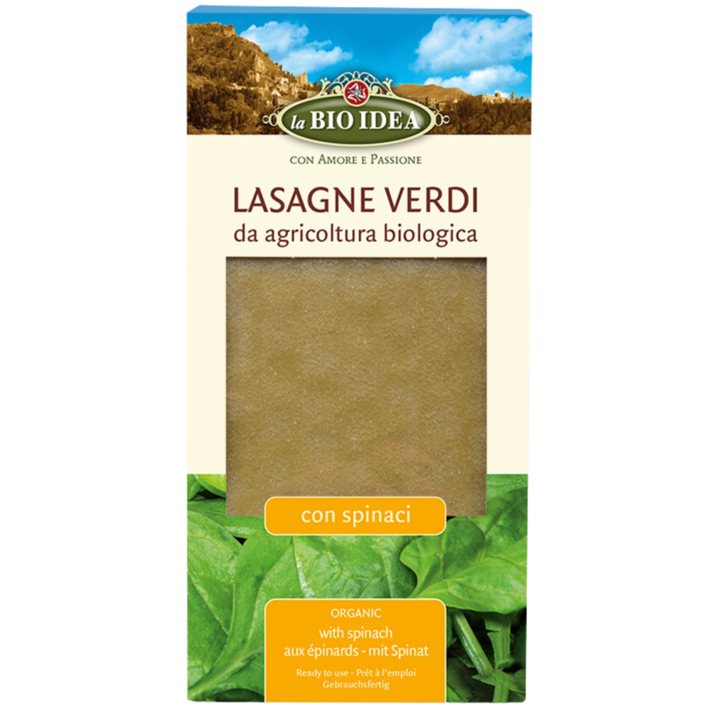 Ekologiškų pilno grūdo manų kruopų lazanijos lakštai su džiovintais špinatais | La BIO IDEA (250 g)