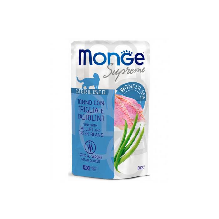 Monge Supreme Cat Wet Pouches drėgnas maistas sterilizuotoms katėms su tunu, kefalėmis ir šparaginėmis pupelėmis, 80 g