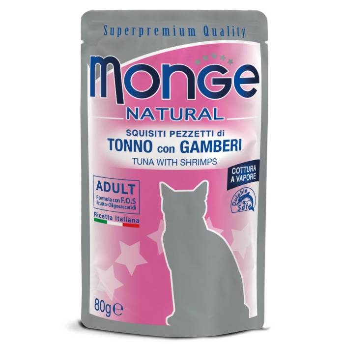 Monge Natural Wet Cat Pouches drėgnas maistas katėms su tunu ir krevetėmis, 80 g