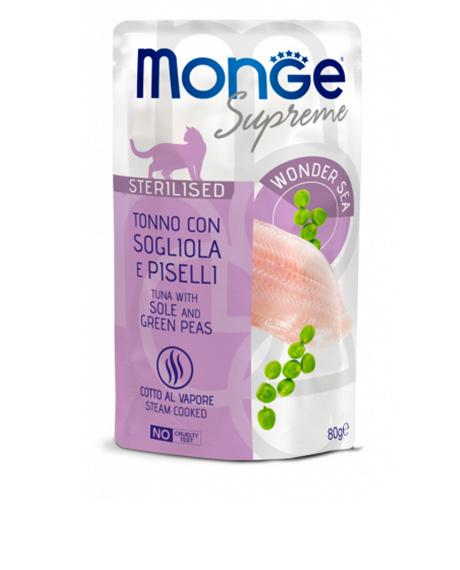 Monge Supreme Cat Wet Pouches drėgnas maistas sterilizuotoms katėms su tunu, druska ir žirniais, 80 g