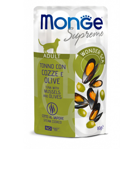 Monge Supreme Cat Wet Pouches drėgnas maistas katėms su tunu, midijomis ir alyvuogėmis, 80 g