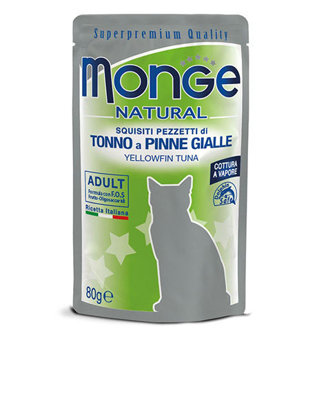 Monge Natural Wet Cat Pouches drėgnas maistas katėms su gelsvapelekiais tunais, 80 g