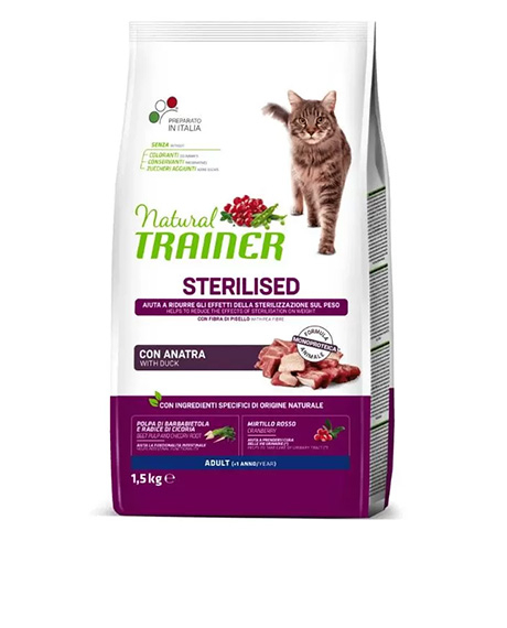 Natural Trainer Cat Adult Sterilised Duck maistas katėms su antiena, 1.5kg