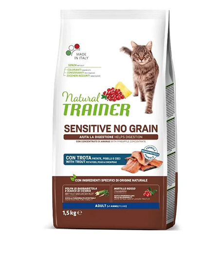 Natural Trainer Cat Sensitive No Grain Trout maistas katėms su upėtakiu, 1.5 kg