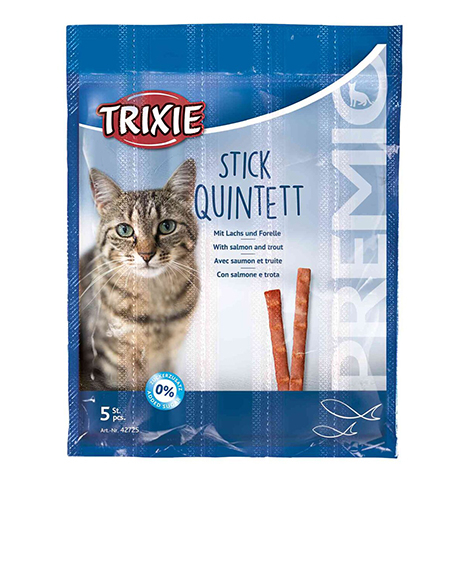 Trixie Premio Stick Quintett skanėstai katėms su lašiša ir upėtakiu, 5x5 g