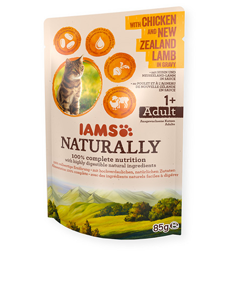 Iams Naturally konservai katėms su vištiena ir ėriena, 85 g