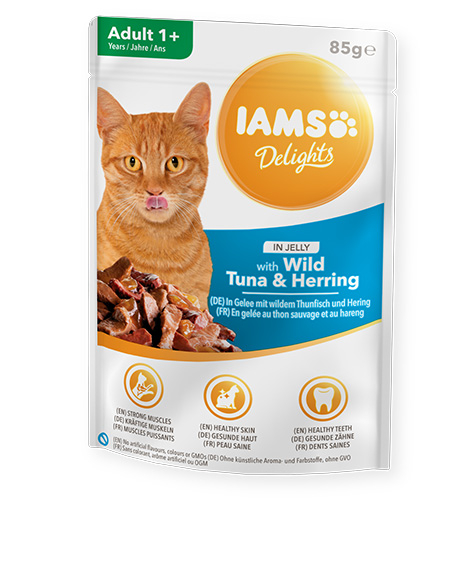 Iams Delight konservai katėms su tunu ir silke, 85 g