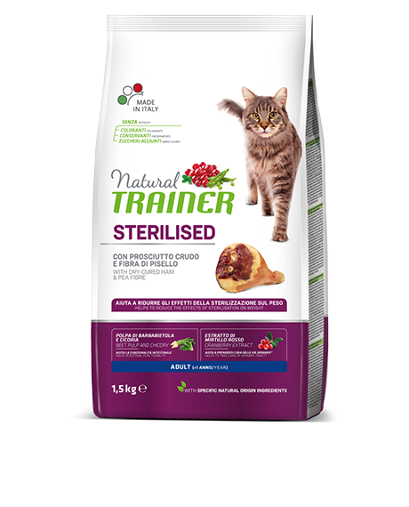 Natural Trainer Sterilised Adult Cat sausas maistas katėms su kumpiu : Pakuotė - 10 kg