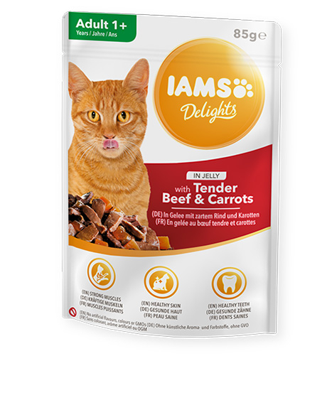 Iams Delight konservai katėms su jautiena ir morkomis, 85 g