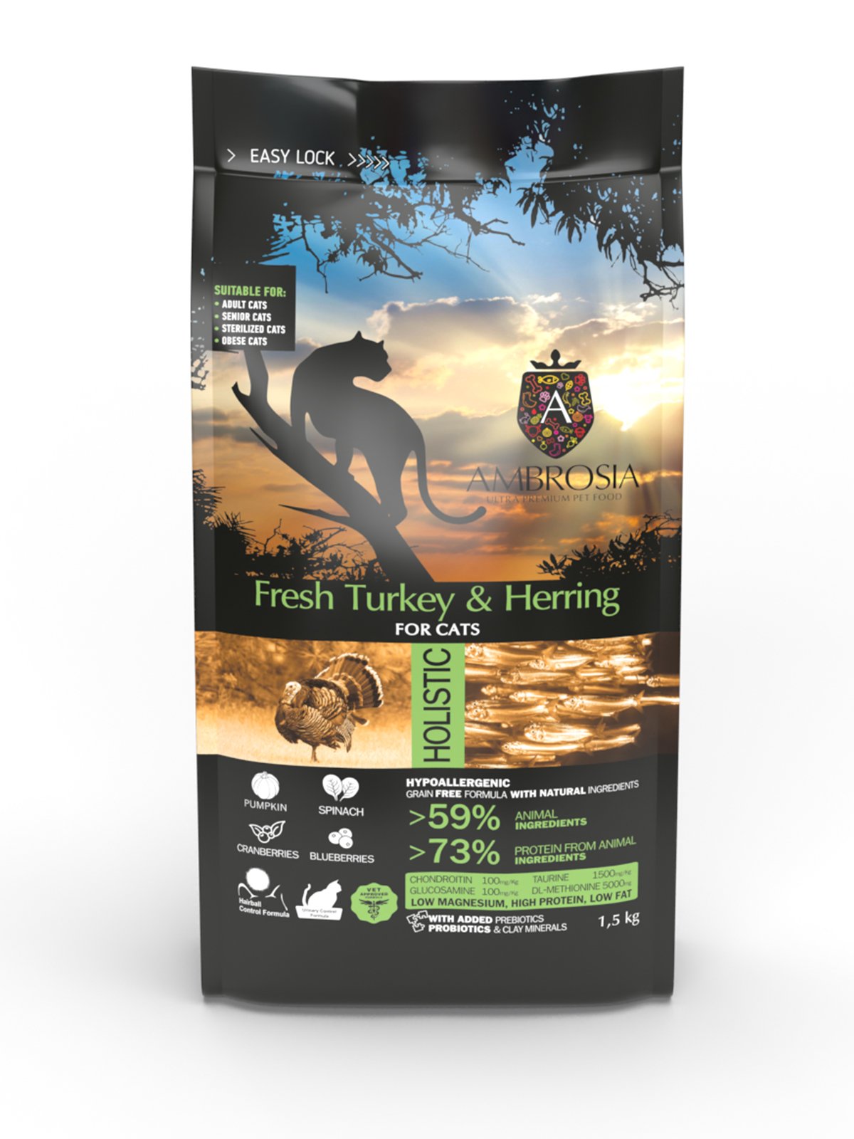 Ambrosia Sterilised Fresh Turkey & Herring – begrūdis, sterilizuotų kačių maistas su kalakutiena ir silke 1,5kg. - 5kg. 1.5 kg