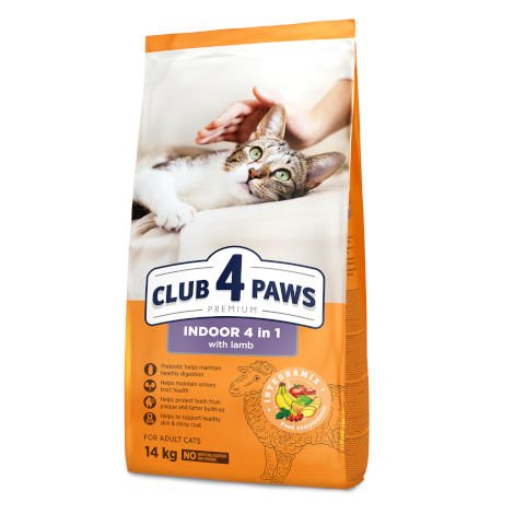 CLUB 4 PAWS PREMIUM KATĖMS, GYVENANČIOMS PATALPOSE "4 VIENAME". VISAVERTIS PAŠARAS SUAUGUSIOMS KATĖMS SU ĖRIENA 14 kg.