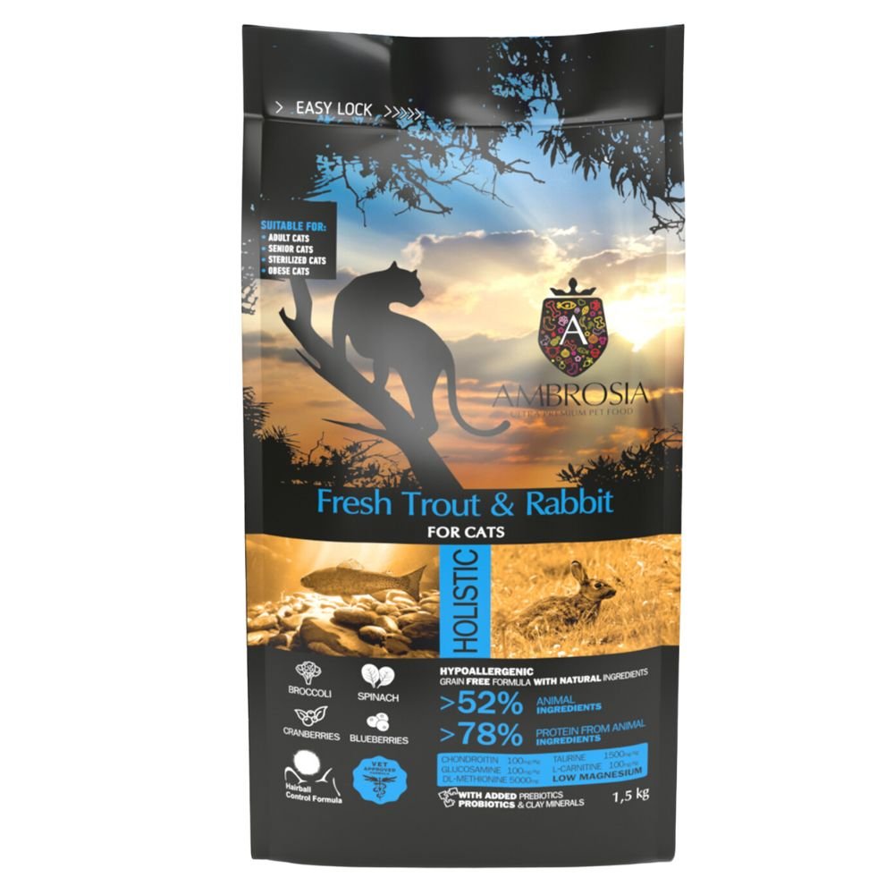 Ambrosia Fresh Trout & Rabbit Sterilised begrūdis sausas maistas katėms su triušiena ir upėtakiu 1,5kg. - 5kg. 5 kg
