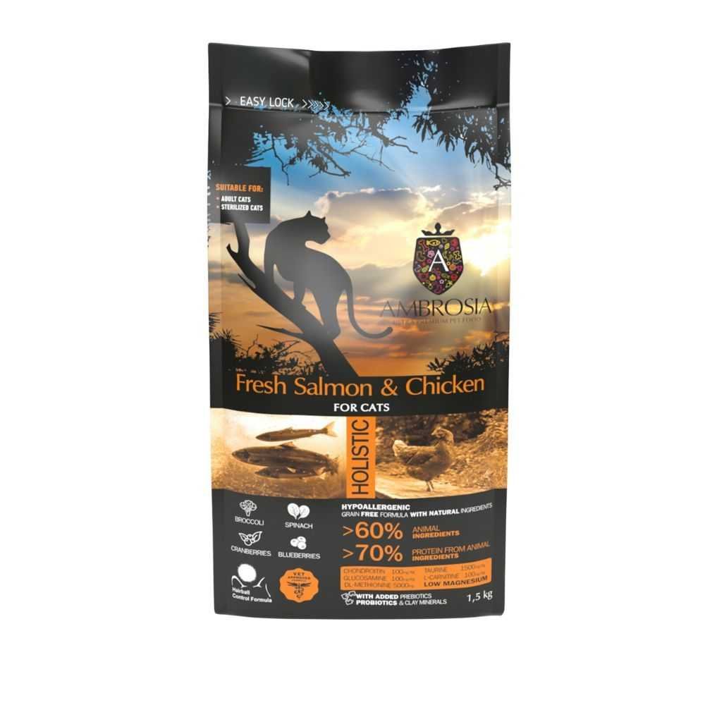 AMBROSIA Fresh Salmon & Chicken Sterilized Cat & Kitten - Begrūdis Sausas Maistas Katėms Su Lašiša Ir Vištiena 1,5kg. - 5kg. 5 kg