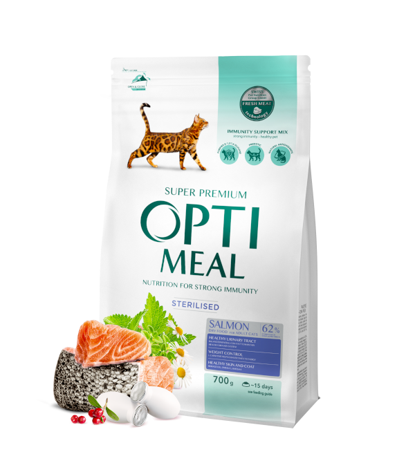 Optimeal™ VISAVERTIS SAUSAS PAŠARAS STERILIZUOTOMS KATĖMS IR KASTRUOTIEMS KATINAMS – LAŠIŠA 700g - 10kg. 4 kg