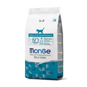 MONGE NATURAL SUPERPREMIUM KITTEN VISAVERTIS PAŠARAS KAČIUKAMS NUO 1 IKI 12 MĖNESIŲ. SU ŠVIEŽIA VIŠTIENA. 1 kg(sveriamas)