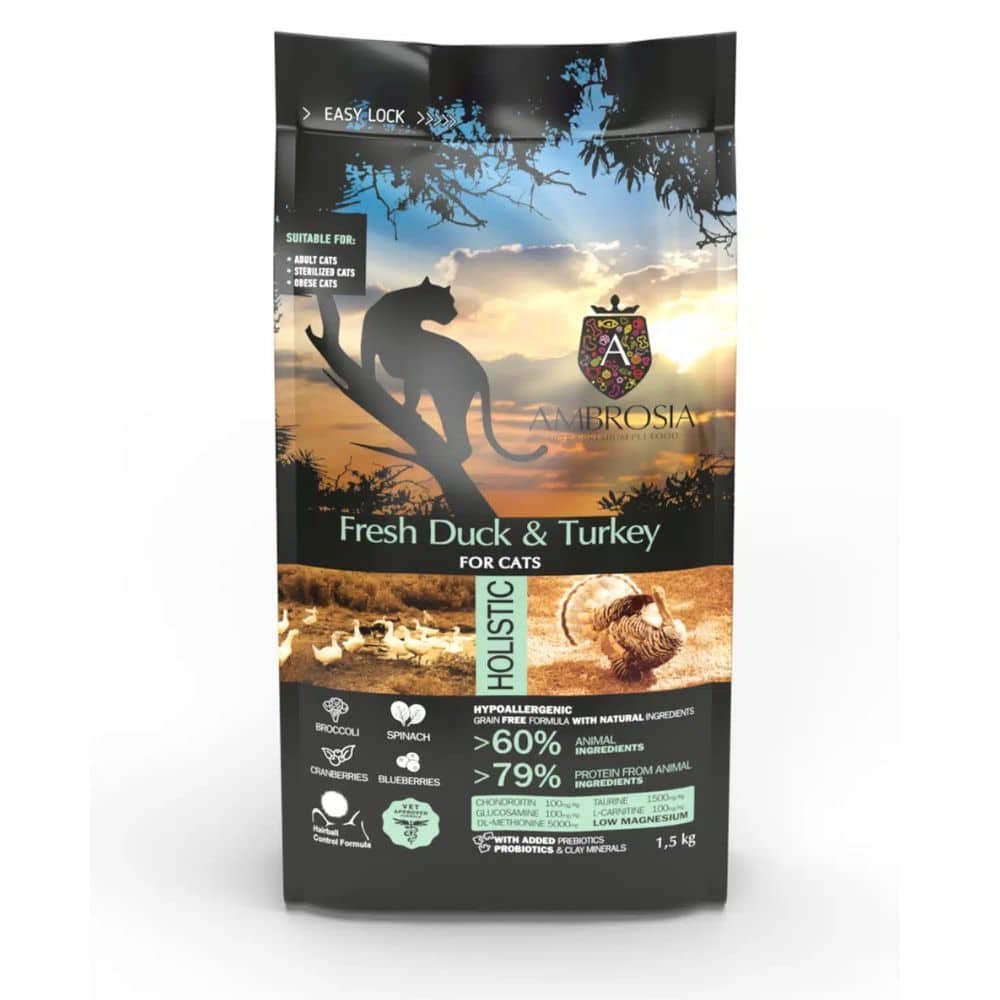 Ambrosia Fresh Duck & Turkey Sterilised begrūdis sausas maistas katėms su antiena ir kalakutiena 1,5kg.  - 5kg. 1.5 kg