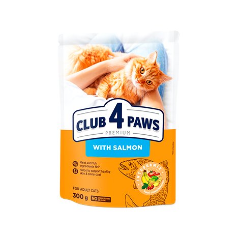 CLUB 4 PAWS PREMIUM "SU LAŠIŠA". PILNAVERTIS SAUSAS MAISTAS SUAUGUSIOMS KATĖMS 300g. - 14kg. 300 g