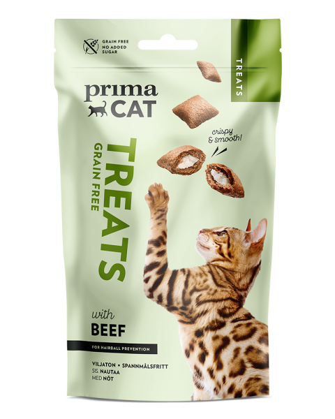 PRIMACAT Crunchy Beef hairball pašaro papildas nuo sąvėlų katėms 40g.