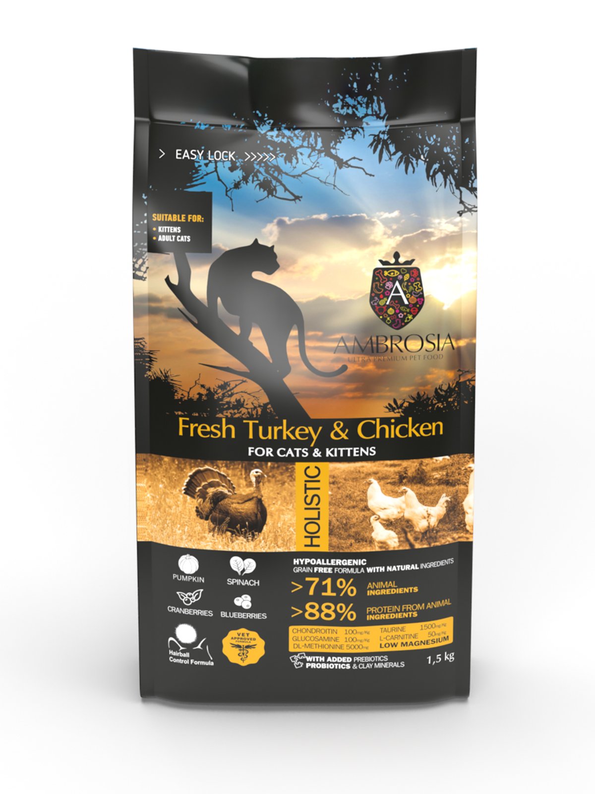 AMBROSIA grain-free Turkey & Fresh Chicken Cat&Kitten, begrūdis kalakutienos ir šviežios vištienos sausas maistas 1kg. - 5kg. 1.5 kg