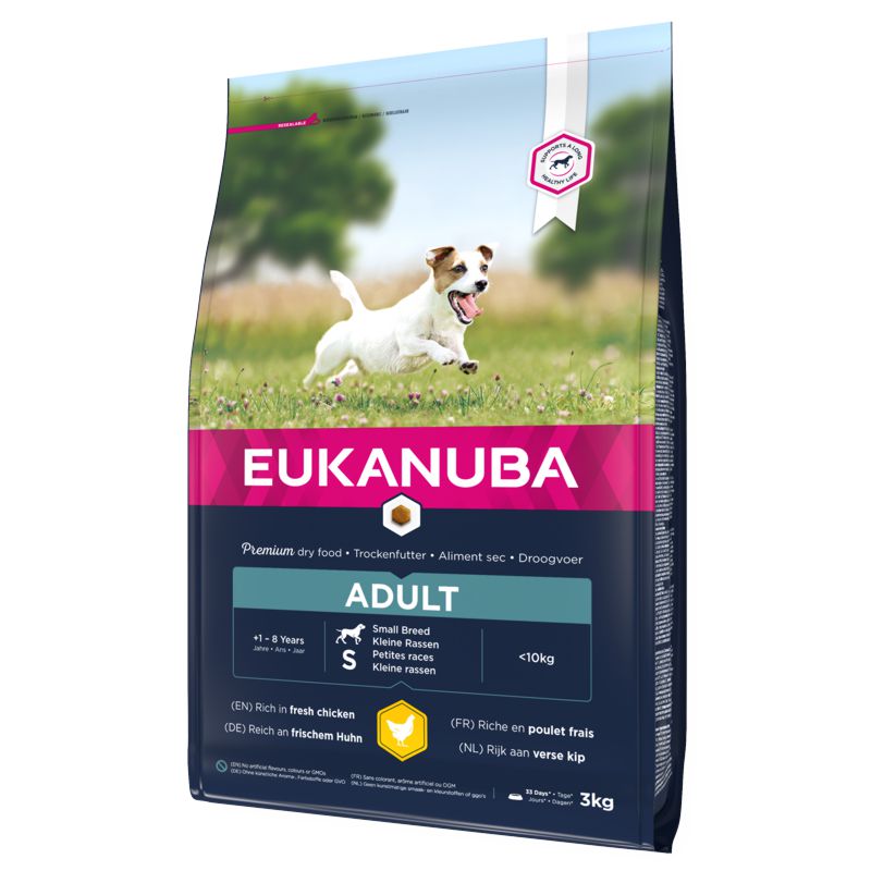 Eukanuba Adult S Breeds Chicken sausas pašaras suaugusiems šunims mažo dydžio veislų, vištiena; 3kg, 15kg