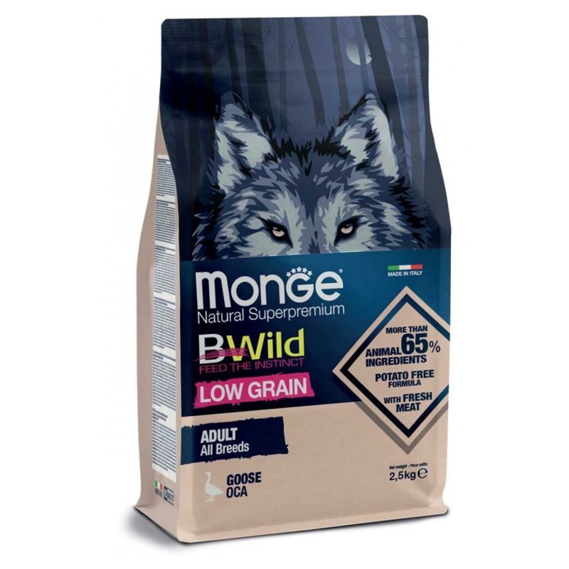 Monge BWILD Adult All Breeds Goose sausas pašaras šunims, žasiena; 2.5kg, 12kg