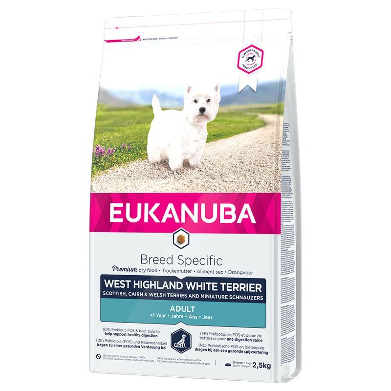 Eukanuba West Highland Terrier Chicken sausas pašaras suaugusiems vakarų Škotijos baltiesiems terjerams, vištiena; 2.5kg