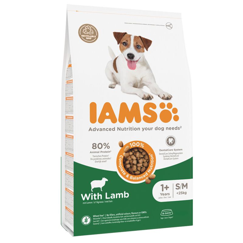 Iams Adult S/M Breeds Lamb sausas pašaras suaugusiems šunims mažo ir vidutinio dydžio veislų, ėriena; 3kg, 12kg