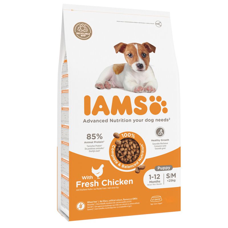 Iams Puppy & Junior S/M Breeds Chicken sausas pašaras šuniukams mažo ir vidutinio dydžio veislų, vištiena; 3kg, 12kg