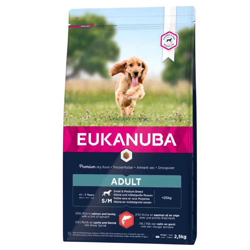 Eukanuba Adult S/M Breeds Salmon sausas pašaras suaugusiems šunims mažo ir vidutinio dydžio veislų, miežiai, lašiša; 2.5kg, 12kg