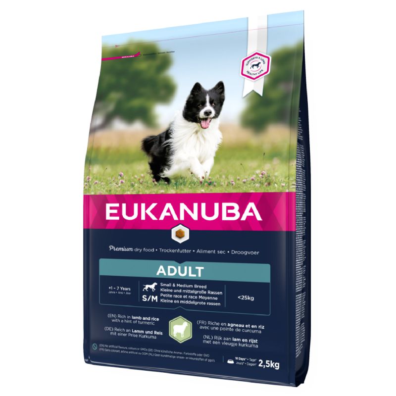 Eukanuba Adult S/M Breeds Lamb sausas pašaras suaugusiems šunims mažo ir vidutinio dydžio veislų, ryžiai, ėriena; 2.5kg, 12kg