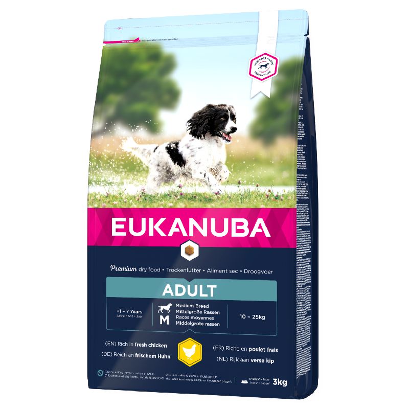 Eukanuba Adult M Breeds Chicken sausas pašaras suaugusiems šunims vidutinio dydžio veislų, vištiena; 3kg, 15kg