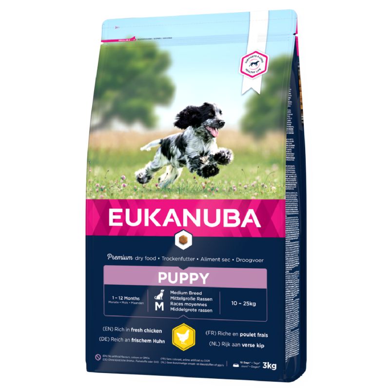 Eukanuba Puppy M Breeds Chicken sausas pašaras šuniukams vidutinio dydžio veislų, vištiena; 3kg, 15kg