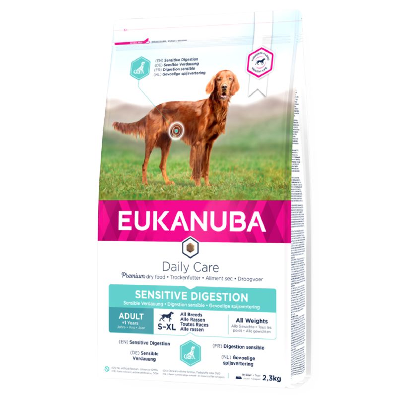 Eukanuba Daily Care Sensitive Digestion All Breeds sausas pašaras turintiems jautrų skrandį šunims visų veislų, vištiena; 2.3kg, 12kg