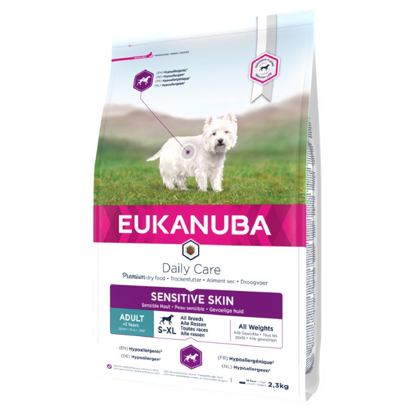 Eukanuba Daily Care Sensitive Skin All Breeds sausas pašaras turintiems jautrią odą šunims visų veislų, žuvis; 2.3kg, 12kg