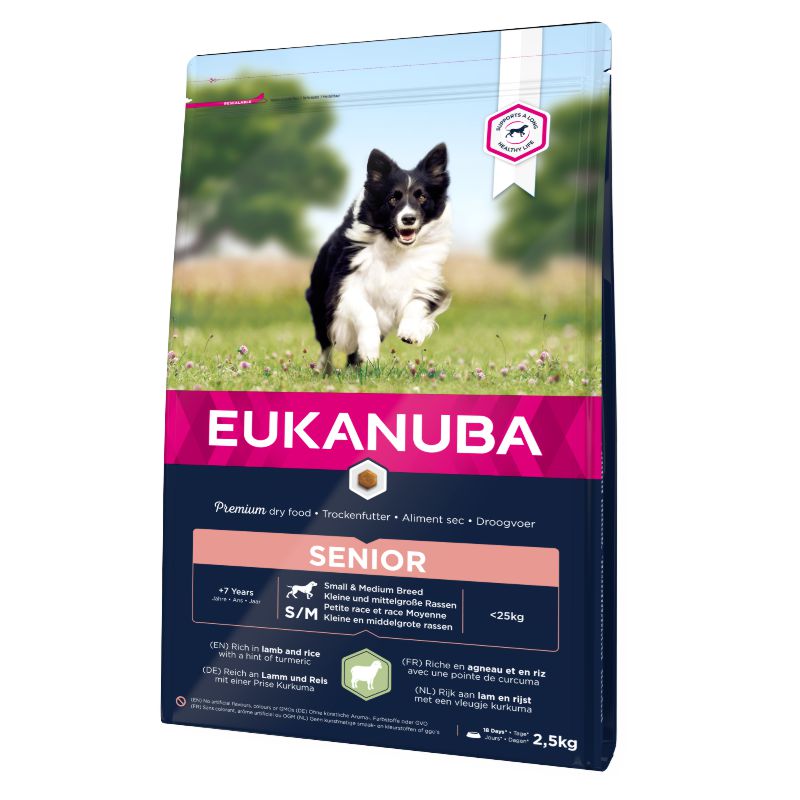 Eukanuba Senior S/M Breeds Lamb sausas pašaras senyviems šunims mažo ir vidutinio dydžio veislų, ryžiai, ėriena; 2.5kg, 12kg