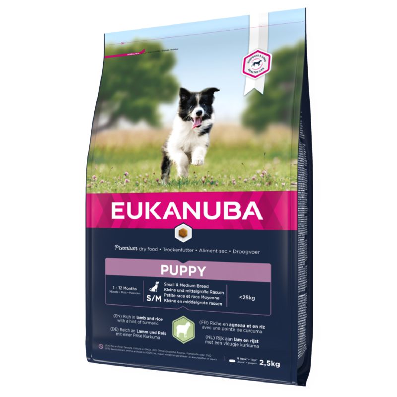 Eukanuba Puppy S/M Breeds Lamb sausas pašaras šuniukams mažo ir vidutinio dydžio veislų, ryžiai, ėriena; 2.5kg, 12kg