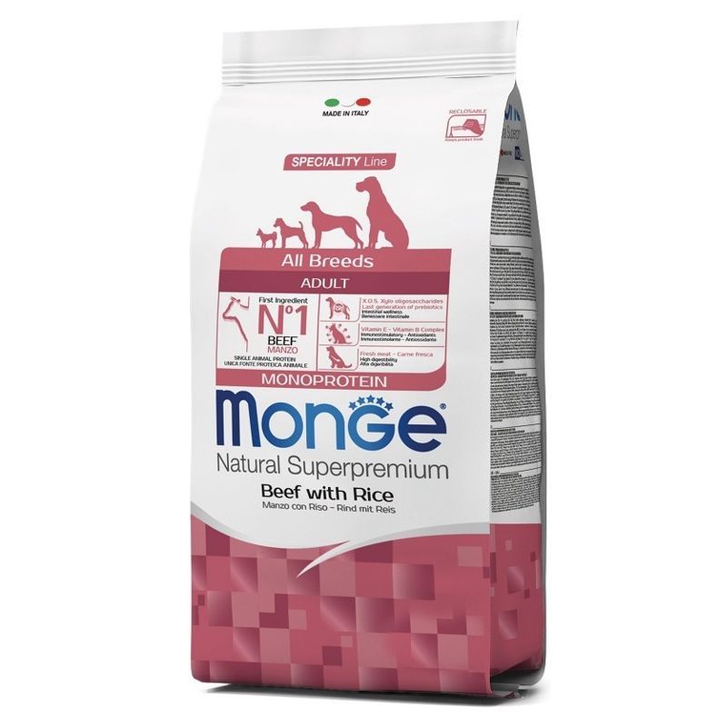 Monge Adult All Breeds Beef&Rice sausas pašaras šunims, jautiena, ryžiai; 2.5kg, 12kg