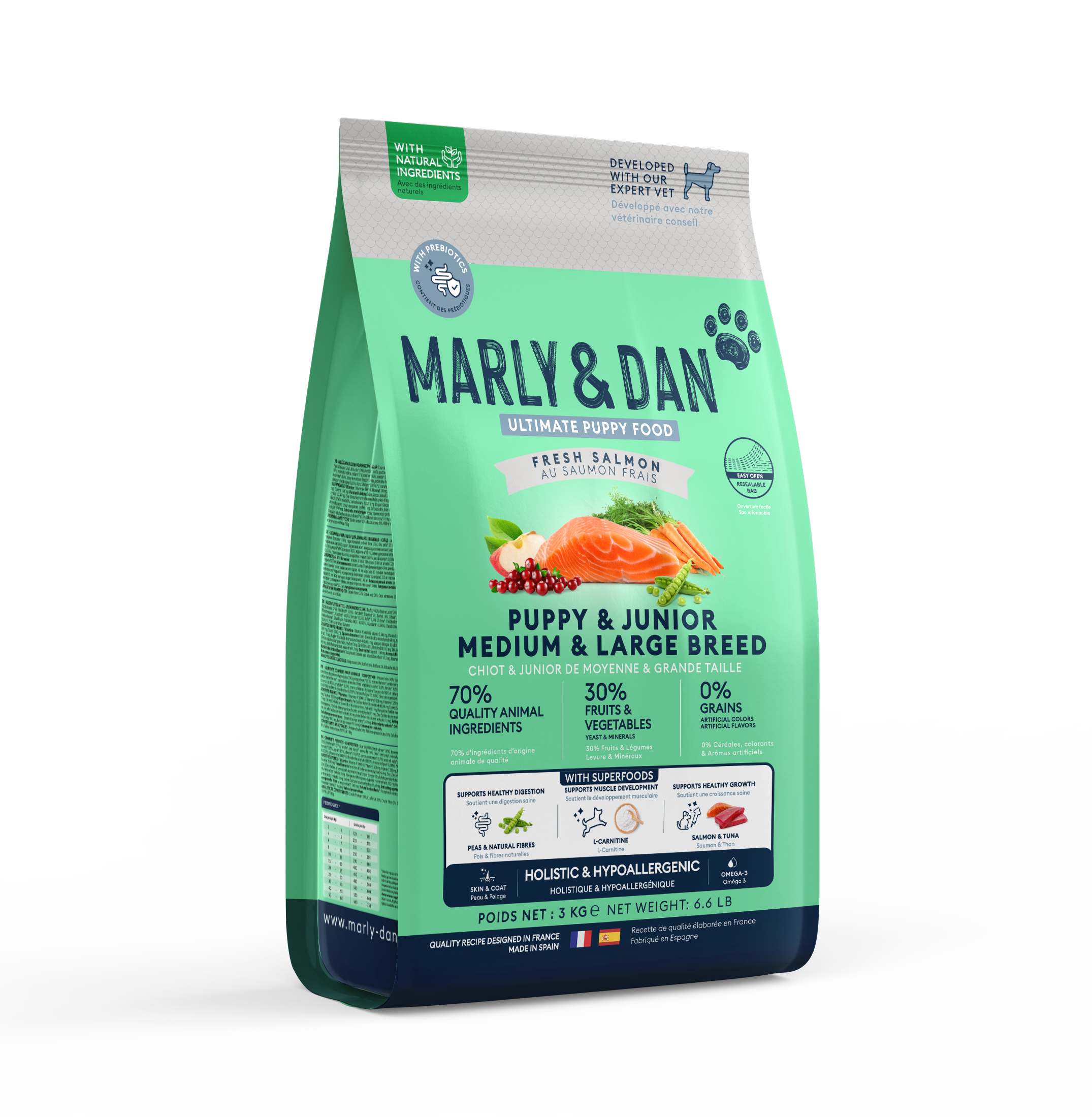 Marly & Dan sausas maistas vidutinių ir didelių veislių jauniems šuniukams su lašiša