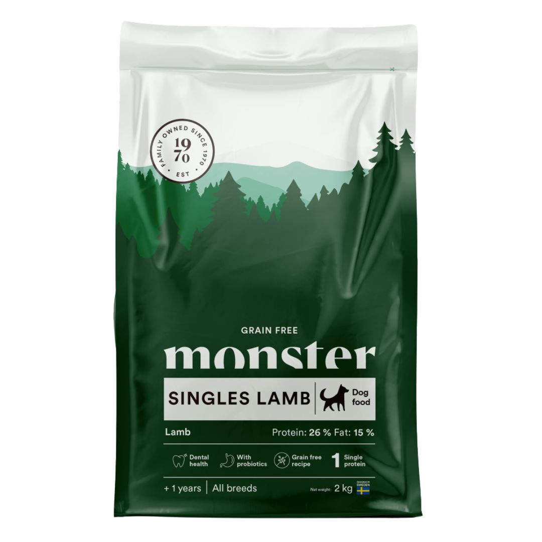 Monster Singles begrūdis vieno baltymo sausas maistas šunims su ėriena