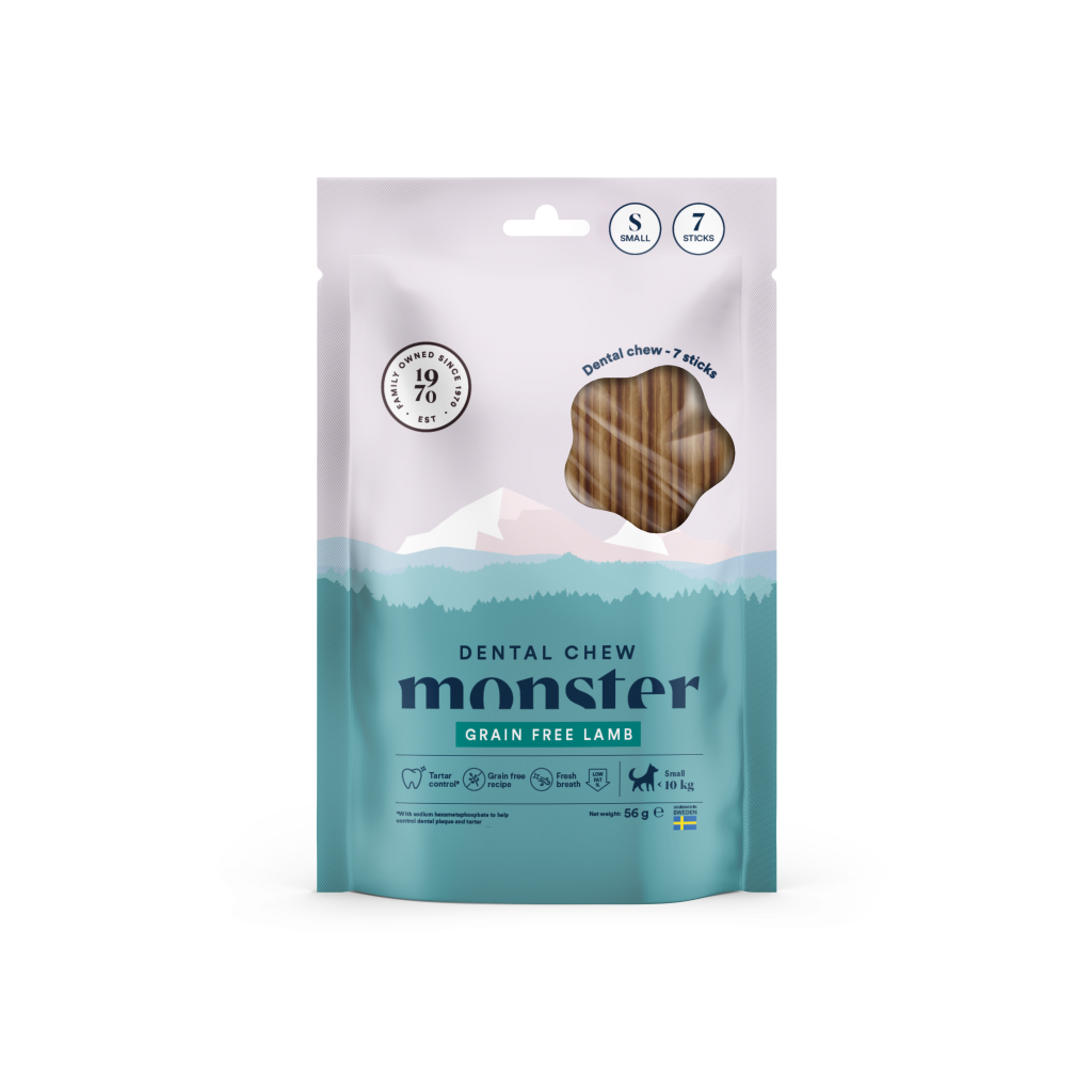 Kramtomosios dantų priežiūros lazdelės šunims su ėriena Monster Dental Chew