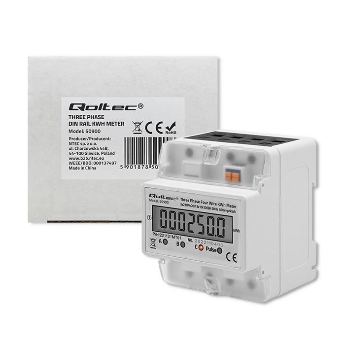 QOLTEC 50900 Three Phase Electronic Energy Consumption Meter 230V LCD 4P DIN Rail