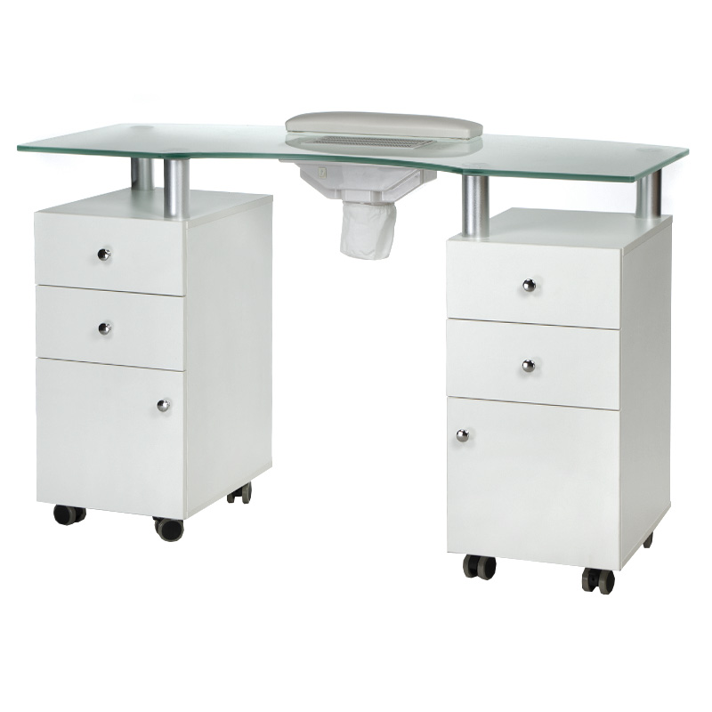 Manikiūro stalas su dulkių ištraukėju MANICURE DESK PRACTIC GLASS WHITE