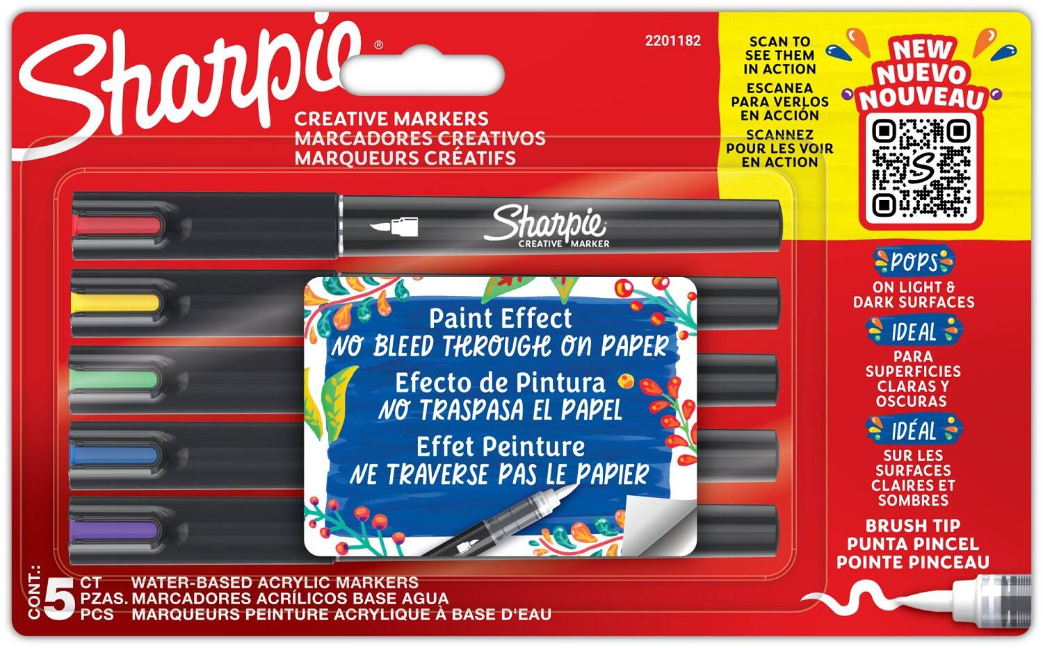 Sharpie kūrybinių akrilinių žymeklių rinkinys, 5 spalvos, teptuko galiukas - 2201182