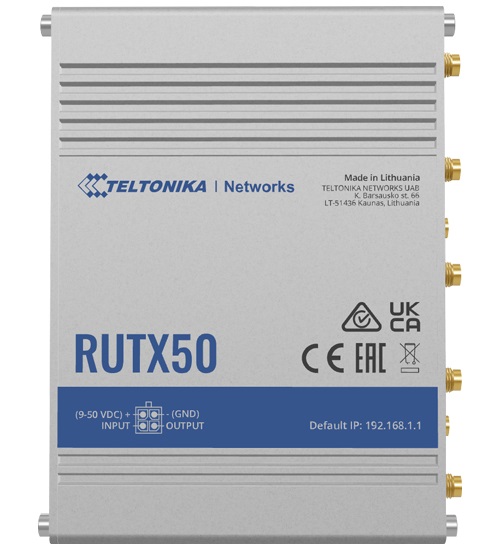 INDUSTRIAL 5G ROUTER | RUTX50 | 802.11ac | 867 Mbit/s | 10/100/1000 Mbps Mbit/s | Ethernet LAN (RJ-45) ports 5 | Mesh Support Yes | MU-MiMO Yes | 5G | Antenna type Internal