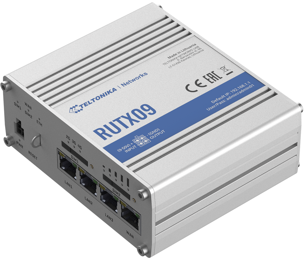 Rugged Industrial LTE-A Cat6 Router | RUTX09 | No Wi-Fi | 10/100/1000 Mbit/s | Ethernet LAN (RJ-45) ports 4 | Mesh Support No | MU-MiMO No | 2G/3G/4G